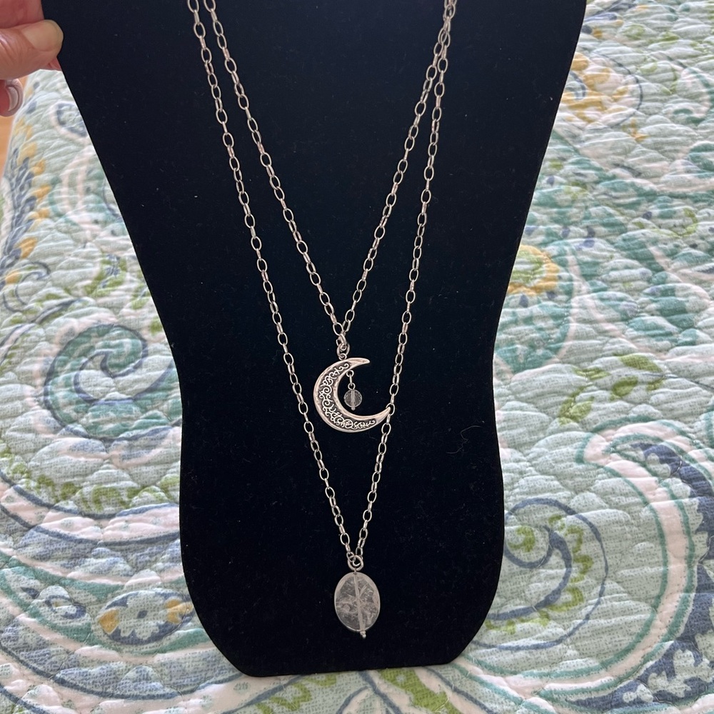 Katia Designs Adjustable Silver Layered Moon and Quartz Pendant Necklace